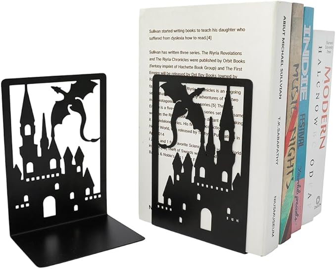 Book Ends, Bookends, Book Ends for Shelves, 1 Pair Non Skid Metal Book Divider Decorative Holder, Abstract Art Desgin Book Stopper Supports for Office, Home (Dragon C)