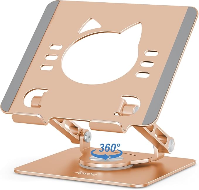 Aoviho Tablet Stand 360° Rotating Aluminum Holder, Adjustable, Portable and Foldable Monitors Stand for iPads, Compatible with 4-12.9" Tablets, Golden