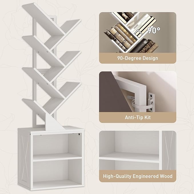 RALGEND Tree Bookshelf, 6 Tier Bookcase with 2 Storage Racks, Free Standing Wooden Bookcase, Floor Standing Book Shelf Organizer for Living Room, Bedroom, Study, Home Office, White