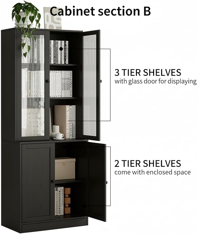 TUSY 71" H Bookshelf with Storage, 6-Tier Modern Bookshelves with 3 Large Drawer, Display Bookcase with Glass Doors, Modern 5-Tier Curio Cabinet for Home Office, Dining Room (Black, AB)
