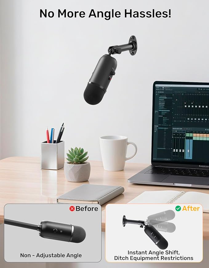 Microphone Wall Mount Bracket with Swivel Mini Ball Head, Mic Wall Mount Flange Base, 5/8" to 3/8" & 1/4" Mic Stand Adapter, Extension Tube Kit - Compatible with Camera, Microphones, Lights, Webcam