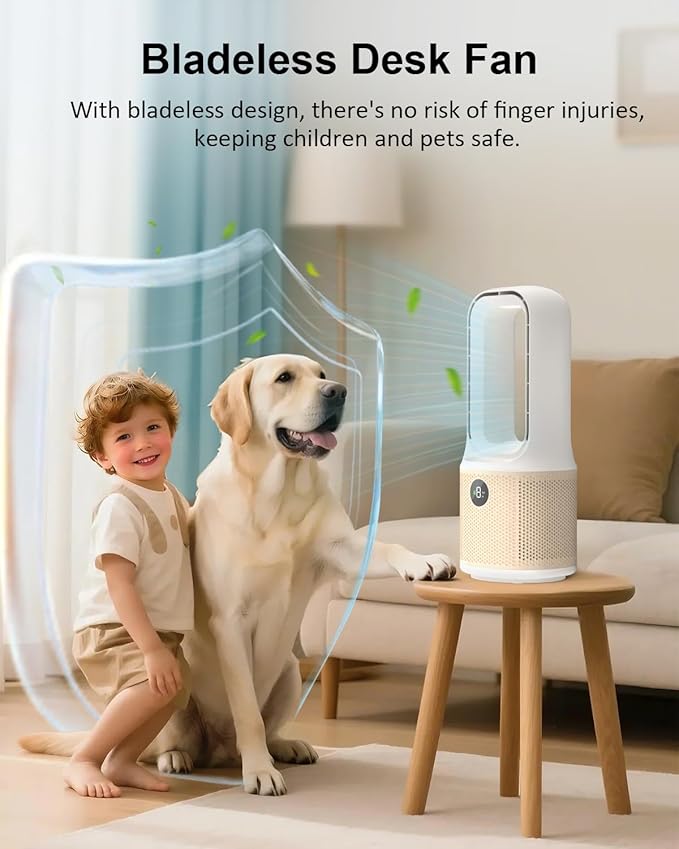 14 Inch Bladeless Desk Fan, USB Rechargeable Personal Cooling_Fan. Small Ultra Quiet, 9 Wind Speeds. 3 LED Night Light. 60°Oscillation. 1-9H Timer Child & Pet Safe for Home Office BedroomDesktop