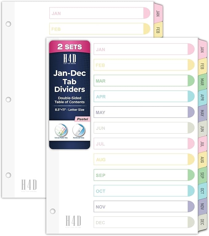 H4D Monthly Binder Dividers for 3-Ring Binder, Jan-Dec 12 Tab Dividers with Customizable Table of Contents, Multicolor Tabs, Reinforced Holes, Letter Size, Pastel, 2 Sets
