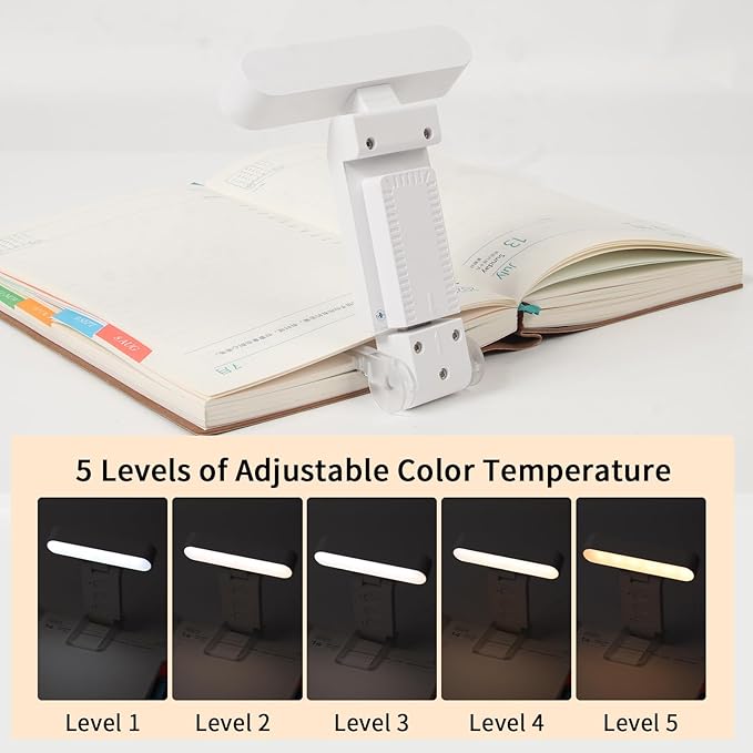 Book Light,USB Rechargeable Clip-On Reading Light,30 Adjustable Modes,Eye-Caring with Timer,Perfect for Book Lovers/Travel (White, Rectangle)