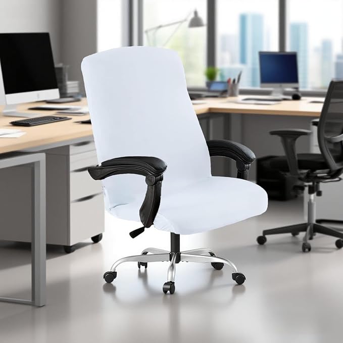 Office Chair Cover,Removable Desk Chair Cover with Zipper,Stretch Anti-dust Universal Rotating Office Seat Slipcover,Washable High Back Computer Seat Protector for Pets (White, Large)