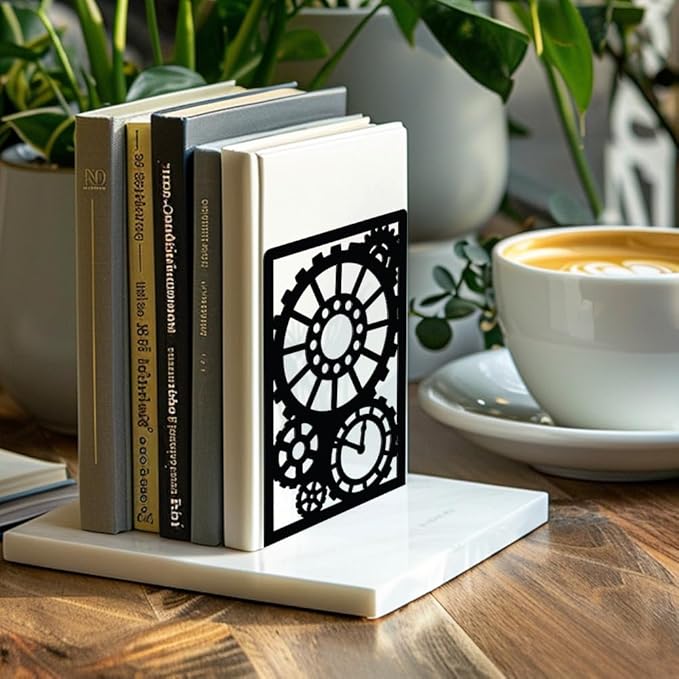 Peacoblue Metal Bookends for Shelves, Modern Decorative Heavy Duty Study Book Support Stoppers for Office, Desk, Shelf, Room 5.3"x4.3"x7.9" Cast Iron Simple Tall Bookends, 1 Pair (Steampunk Gear)