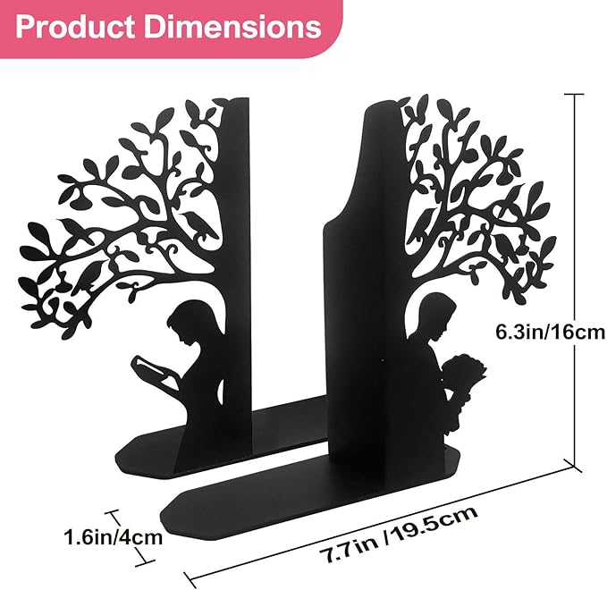 Tree of Life Bookends Decorative Couple Book Ends for Shelves, Black Metal Bookends for Heavy Books, Book Organizer for Desk Bookshelf Home Office Book Stopper Valentines Day Gifts for her