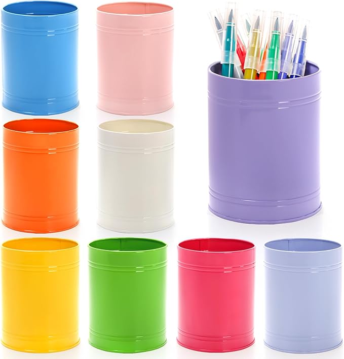 Tlence 9 Pack Metal Pen Holder, Colorful Desktop Pencil Cup, Mini Stationary Supplies Buckets, Round Makeup Brush Storage Organizers for Office Home School Classroom Accessory, 3.5 x 4.5 Inches
