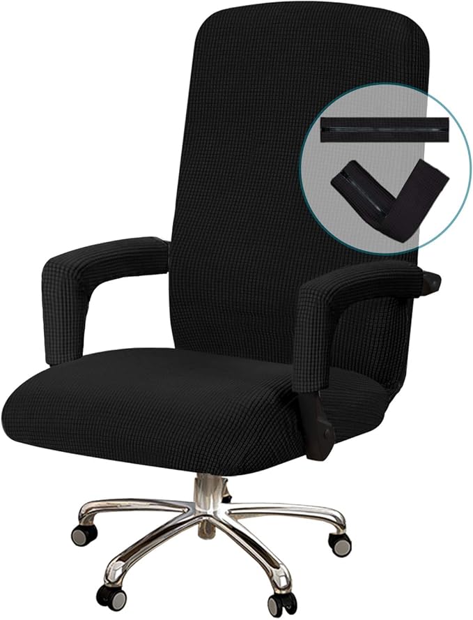 Turquoize Stretchable Chair Cover for Computer Chair, Large Office Chair Cover with Armrest Covers, Jacquard Boss Chair Cover, High Back, Washable, Large, Black