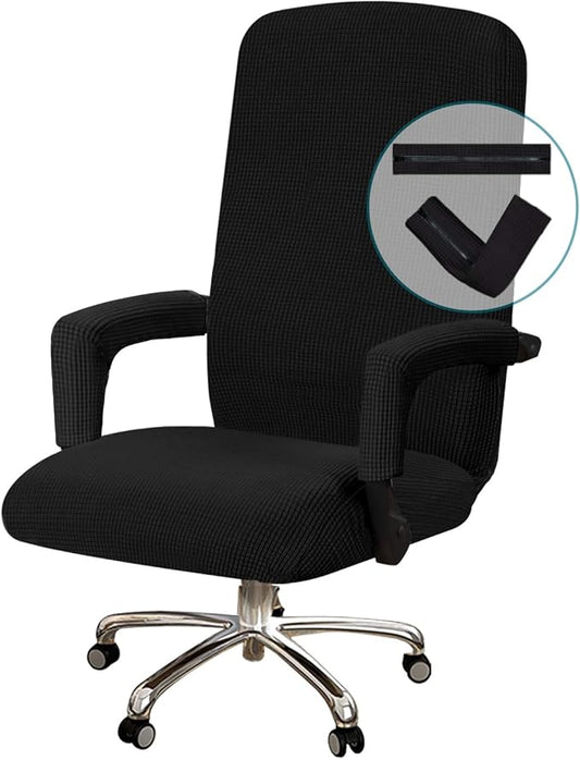 Turquoize Stretchable Chair Cover for Computer Chair, Large Office Chair Cover with Armrest Covers, Jacquard Boss Chair Cover, High Back, Washable, Large, Black