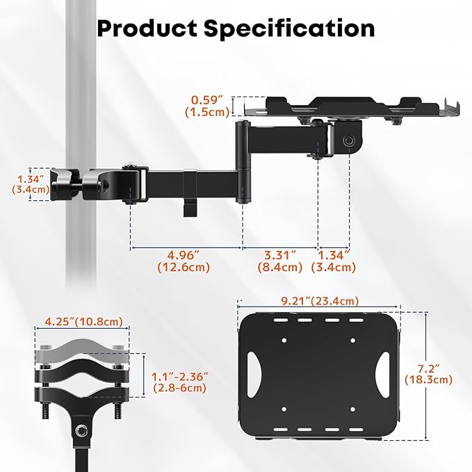 PUTORSEN Adjustable Pole Mount Printer Stand，Printer Pole Mount with 7.2x9.2 Inch Storage Tray for Thermal Printers, Full Motion Arm Holds 11 lbs, Fits 1.1-2.36 Inch Tube Diameters