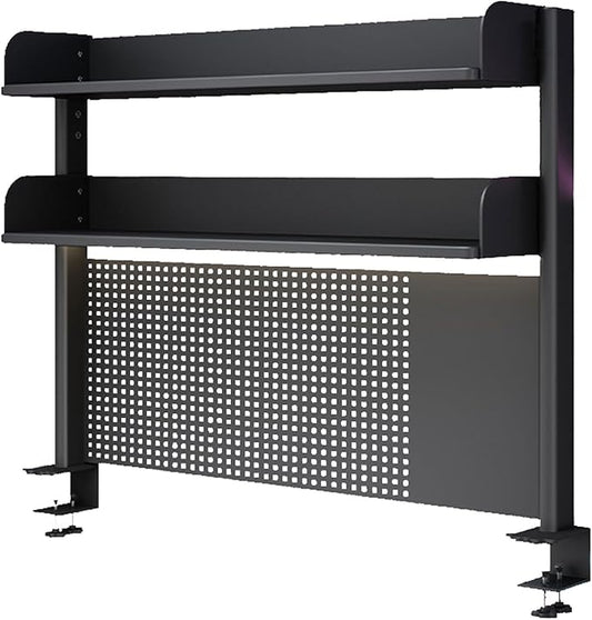 2/3 Tier Clamp On Desk Organizer Shelf,Clamp-on Above Desktop Storage Shelf Adjustable Clip On Shelving Unit Storage Tray with Perforated Board and Hooks, Black