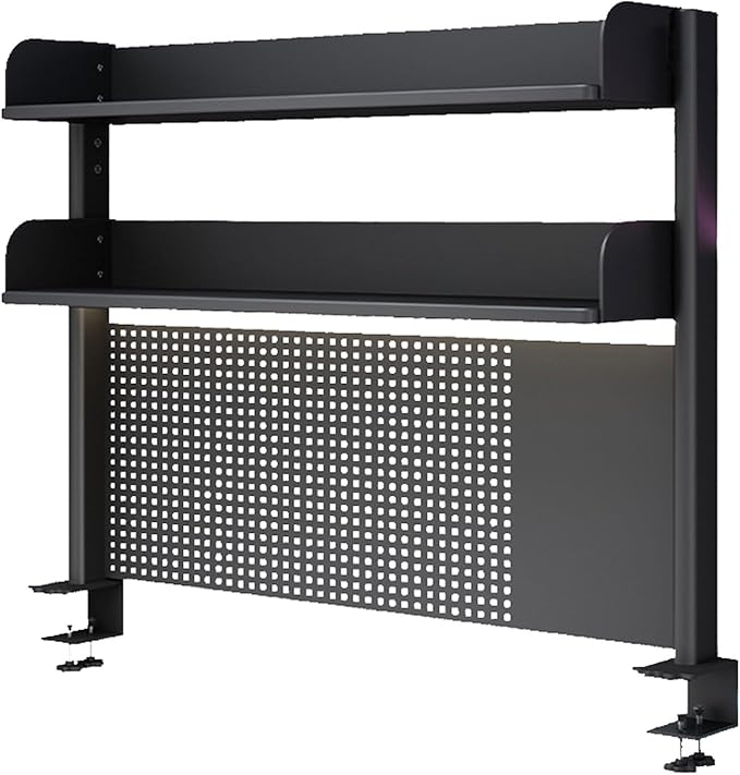 Generic 2/3 Tier Clamp On Desk Organizer Shelf,Clamp-on Above Desktop Storage Shelf Adjustable Clip On Shelving Unit Storage Tray with Perforated Board and Hooks, Black, H 63cm/24.8in