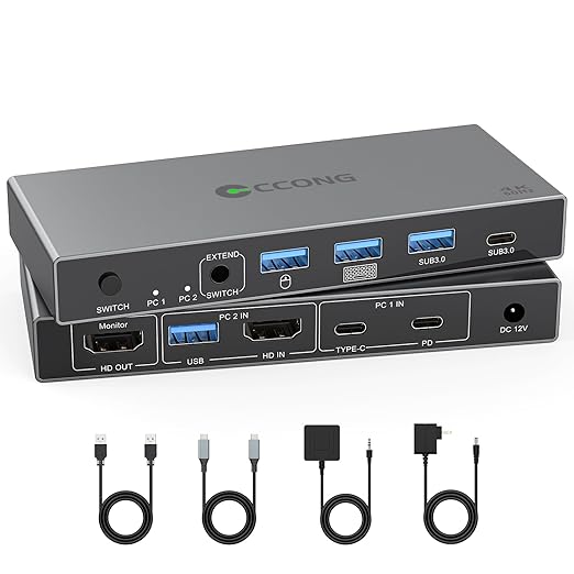 USB C HDMI KVM Switch 1 Monitors 2 Computers,4K@60Hz KVM Switch 2 Port for 1 Laptop 1 Desktop Share 1 Monitor Keyboard Mouse Printer and 100W PD Charging for Laptop,Wired Remote 2 USB Cable Included