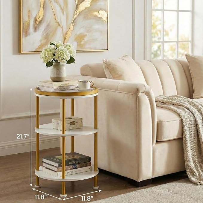 Small Round Side Table, Gold Round End Table with White Shelves, 3-Tier Modern Nightstand for Bedroom & Living Room, 21.7" H Narrow Gold Accent Table for Small Spaces, Dorm, Nursery (White & Gold)