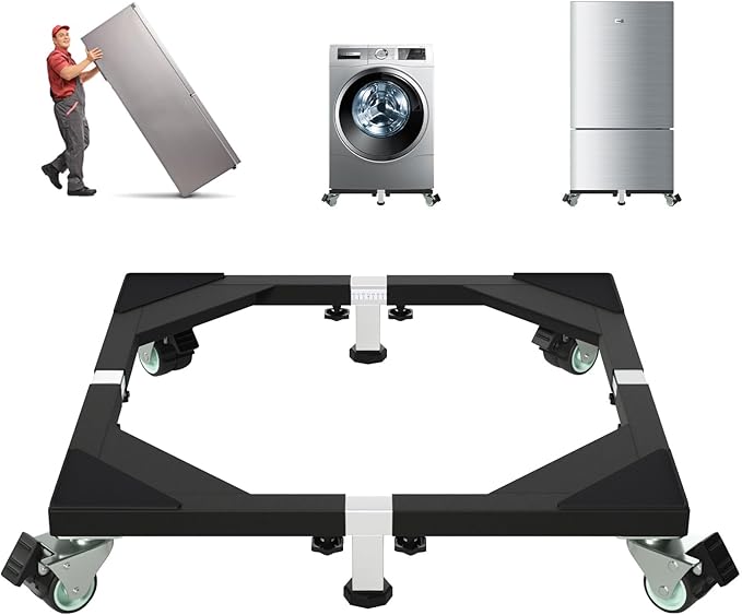 I'Ezonk Heavy Duty All Stainless Steel Mobile Mini Fridge Stand, Refrigerator Stand and Washing Machine Stand with Wheels, Adjustable Furniture Dolly for Washer, Refrigerator and Dryer(Black)