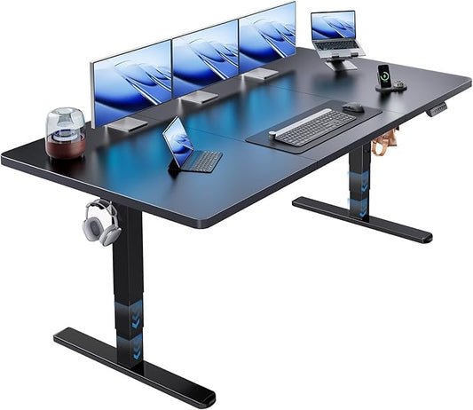 HUANUO 70x35 Inch 3-Stage Legs Electric Standing Desk, Large Height Adjustable Office Desk with Brushless Motor, Stand Up Desk with 4 Memory Presets & 2 Hooks, Computer Desk for Home Office, Black