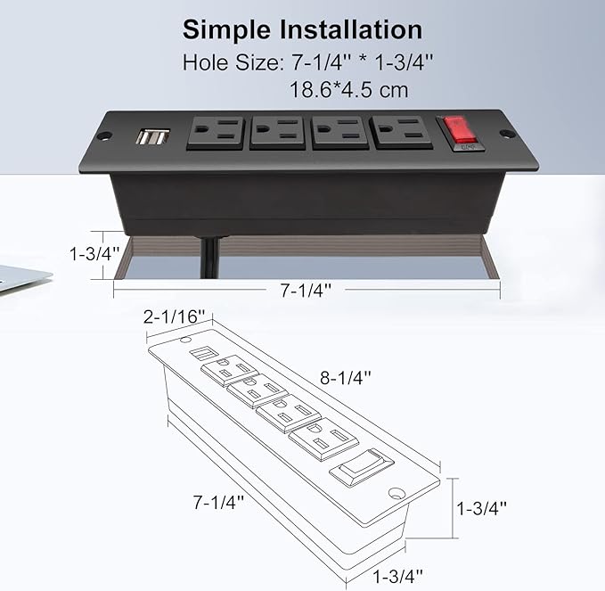 Recessed Power Strip with USB Flush Mount Power Outlet Built in Desktop Power Extension Cord Plug for Countertop Kitchen Drawer Conference Cabinet Nightstand Desk