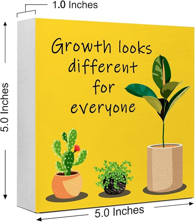 LVQHI Inspirational Desk Sign,Growth Looks Different for Everyone Plant Motivational Wooden Block Sign for Home Bedroom Office Desk Decor Saffron 5“L x 5"W x 1.2"H