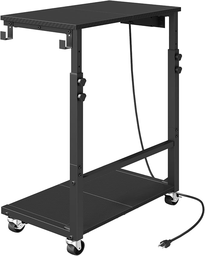 MAHANCRIS Computer Tower Stand with Power Outlet, Mobile PC Stand for Floor, Height Adjustable PC Holder Cart Under Desk, 26.6"-32.7" H, for Home Office, Gaming Room, Black PCHS215E01