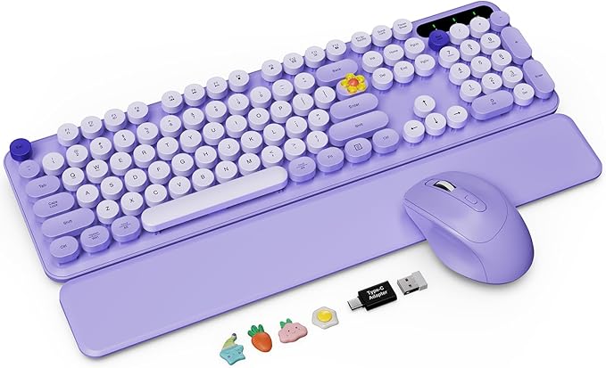 Wireless Keyboard and Mouse Combo with Detachable Magnetic Wrist Rest, Retro Typewriter-Style Keyboard, Round Keycaps, 3-Level DPI Ergonomic Mouse, 2.4GHz for Windows PC/Laptop (Lilac Purple)
