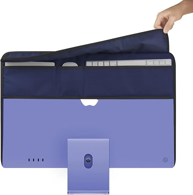 Monitor Dust Cover for iMac 24 inch PU Leather Anti-Static Dustproof Protective Case for LCD/LED/HD Panel Case Computer Sleeve Monitor Dust Cover with Rear Pocket (Blue, 24inch)