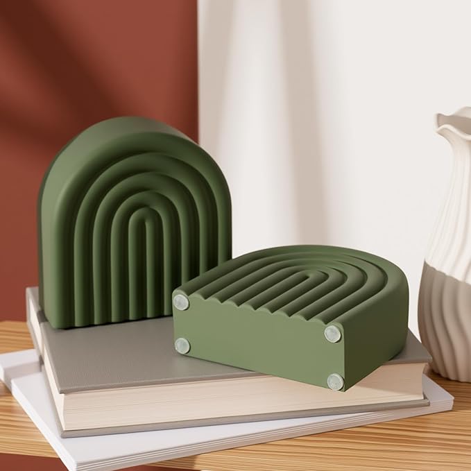 2 Pcs Boho Arch Concrete Bookends for Shelves Decorative Rainbow Book Holder Stopper with Anti Slip Pads for Heavy Books Home Office Aesthetic Library Decor(Sage Green)