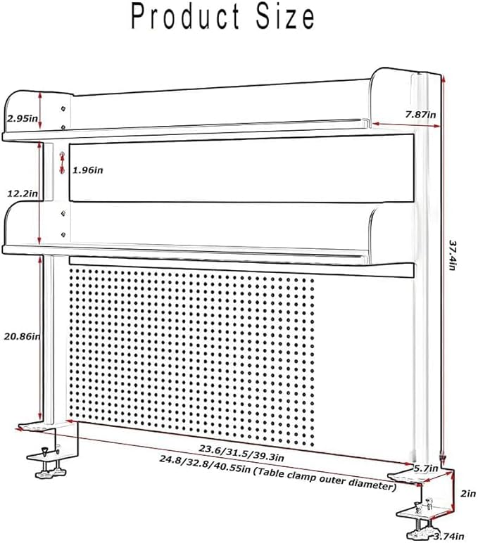 CHSSIH Clamp On Desk Pegboard Shelf - Metal Desktop Organizer Hutch with 2 Shelves for Storage and Display, Desk Add-On Shelf for Office, Dorm, or Computer Monitor Stand, Black, 31.4In