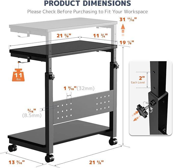 PUTORSEN Computer Tower Stand Cart - 2-Tier CPU Cart with 4 Casters, Rolling Holder with Pegboard & 2 Hooks, Height Adjustable from 19 1/8" to 31 11/16", for Office Home Gaming