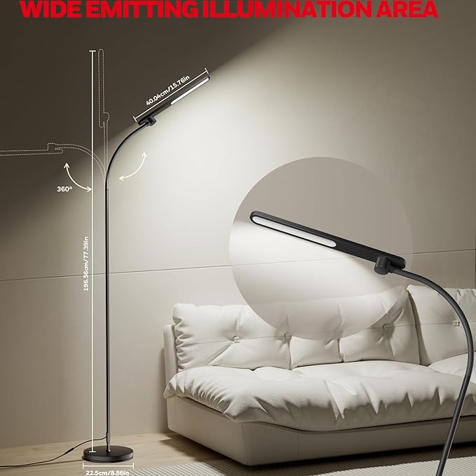 Honeywell LED Floor Lamp with Remote, CRI97 Full Spectrum Eye-Caring Reading Lamp, Stepless Dimmable 3000K-5000K Task Floor Lamp with Flexible Gooseneck for Living Room, Bedroom, Office