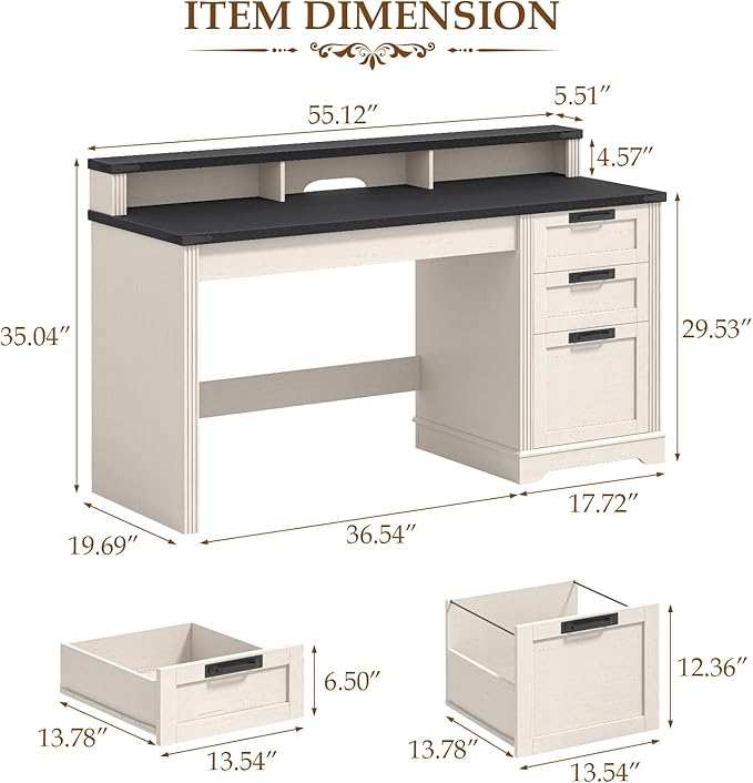 Vabches 55" Farmhouse Executive Desk with 3 Drawers, Wooden Computer Desk, Home Office Desk with File Drawer (Fits A4 Size) for Work and Study, White and Black