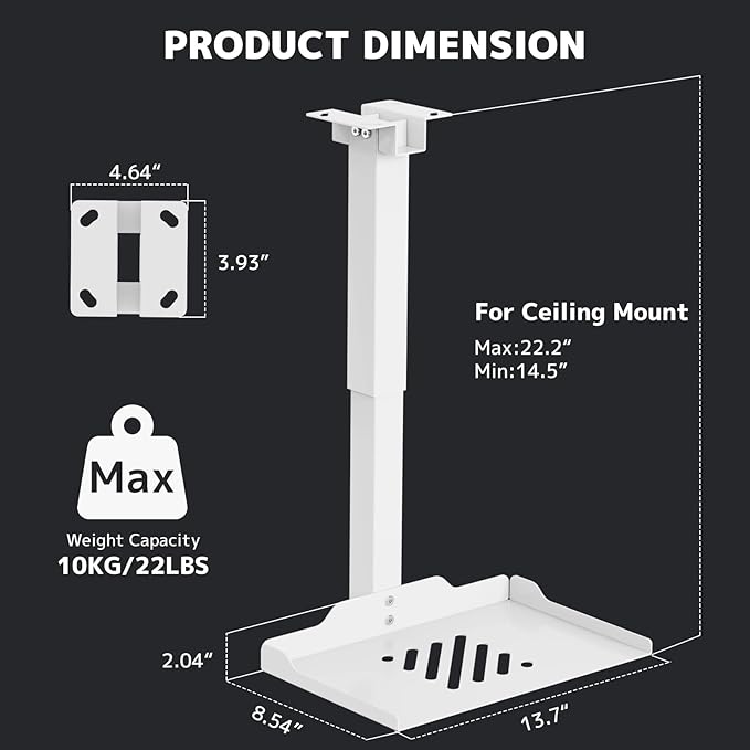 PUTORSEN Adjustable Projector Ceiling Mount,Universal Projector Shelf for Ceiling and Wall, Holds up to 22lbs，No Hole Installation, Hidden Cable Routing, White