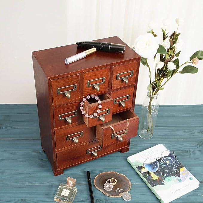 Apothecary Drawers Wooden Apothecary Cabinet with Drawers & Labels Rustic Library Card Catalog Cabinet Wooden Storage Box Desktop Organizer Herbal、Tea Bag、Jewelry Storage(Brown)