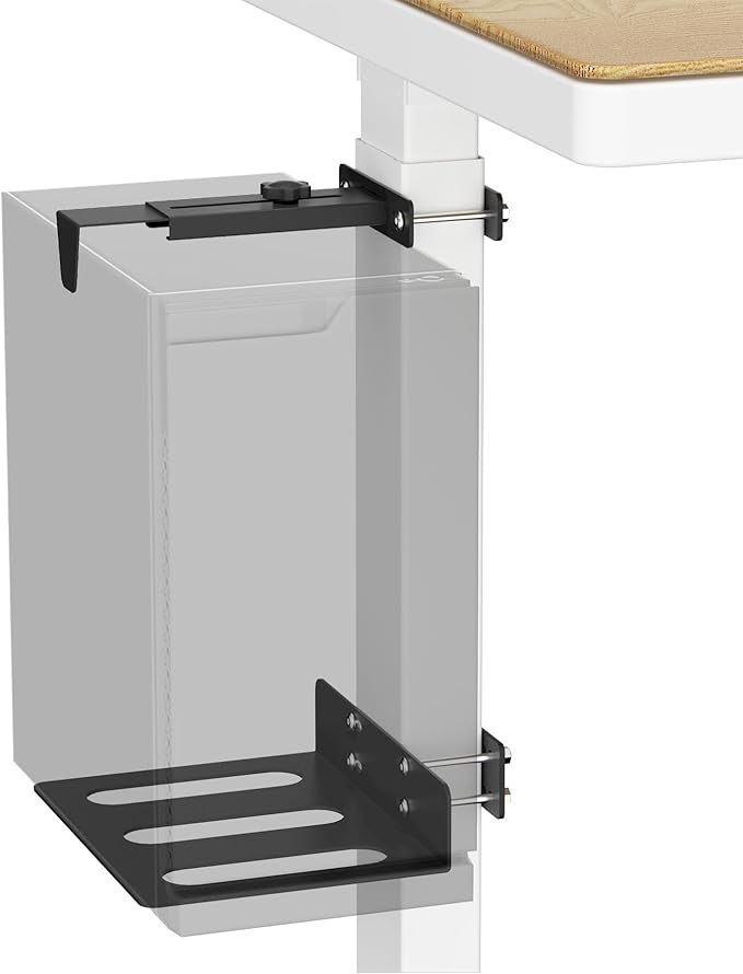 Under Desk PC Mount for Standing Desk, Universal Clamp-On PC Under Desk Mount with 10PCS Adhesive Cable Clip, No Drilling Heavy Duty Adjustable Computer Case CPU Holder Fits Most Towers, Up to 44Lbs