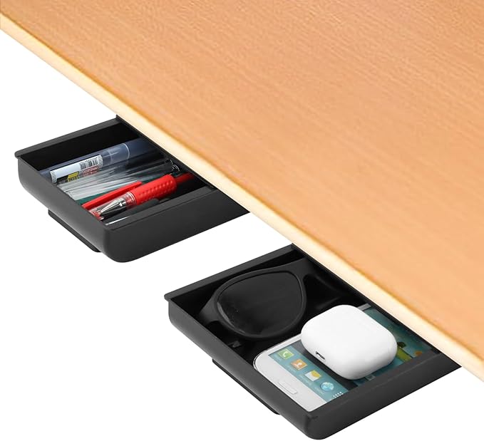 2 Pack Under Desk Drawer Organizer,Plastic Under Desk Storage Drawers Attachment for Home and Office Storage(Black)