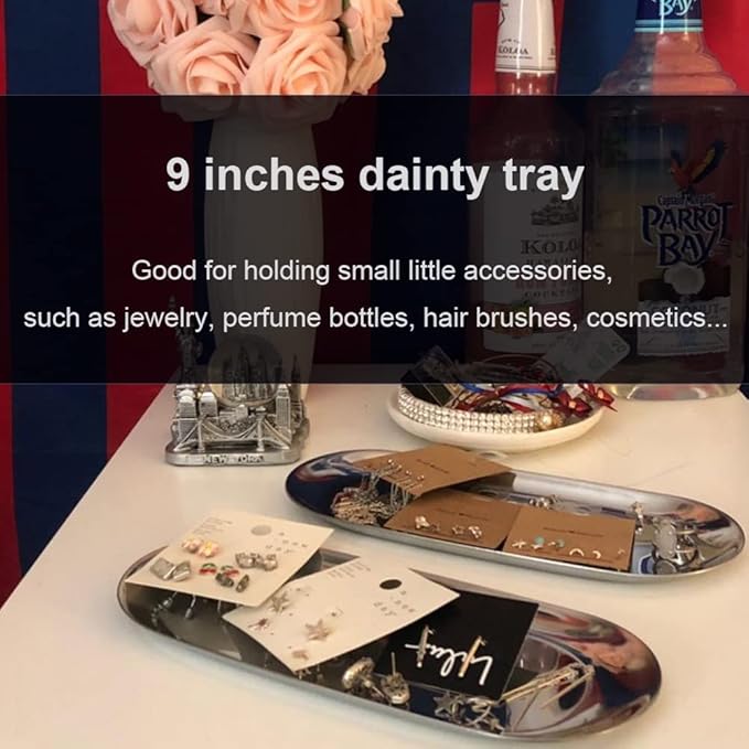 Stainless Steel Decorative Tray, Set of 2, 9 Inch Long, Jewelry Dish Cosmetics Organizer Bathroom Clutter Serving Platter Small Storage Tray, Oval, Silver