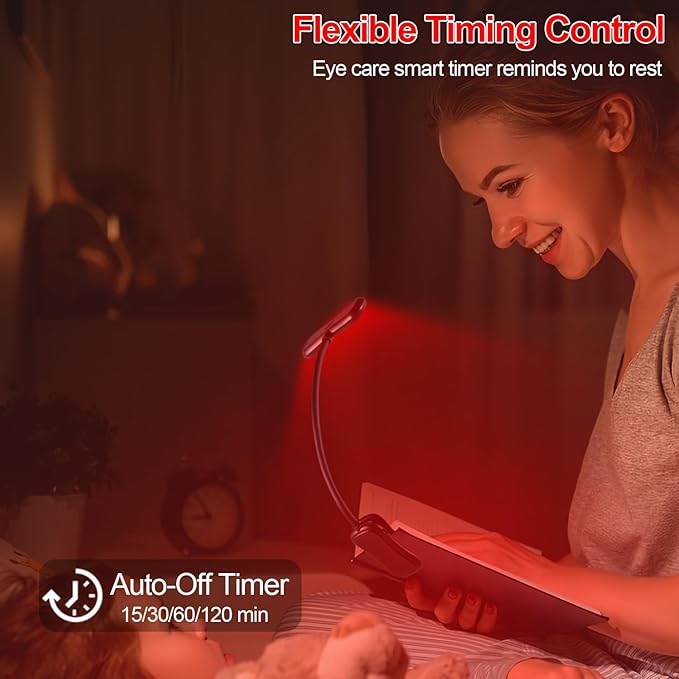 630nm Red Book Light - Zero Blue Light, Rechargeable Clip On Red Reading Light for Reading at Night, Poratble Dimmable LED Book Lamp, Perfect for Travel Nursing Studying