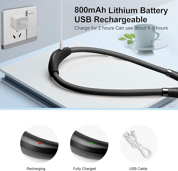 LED Neck Book Light USB Rechargeable, Hands Free, 4 Super Bright LED Bulbs, 3 Adjustable Brightness, Best for Reading in Bed, Knitting, Walking, Jogging, Mending in Night (Black)