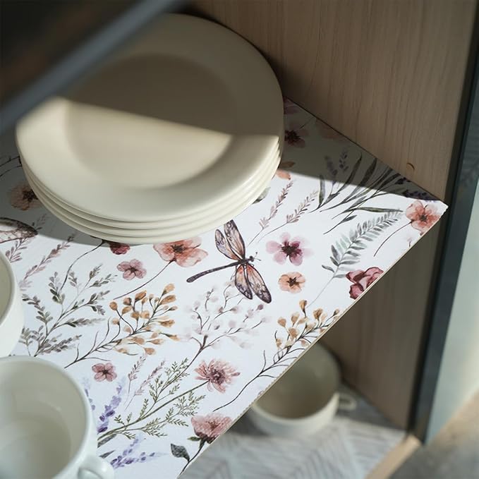 Floral Shelf and Drawer Liner for Kitchen Cabinets,16IN x 10FT Non-Adhesive and Strong Non-Slip Cabinet Drawer Liners for Kitchen Shelf, Waterproof Cupboard Liners,Easy to Clean