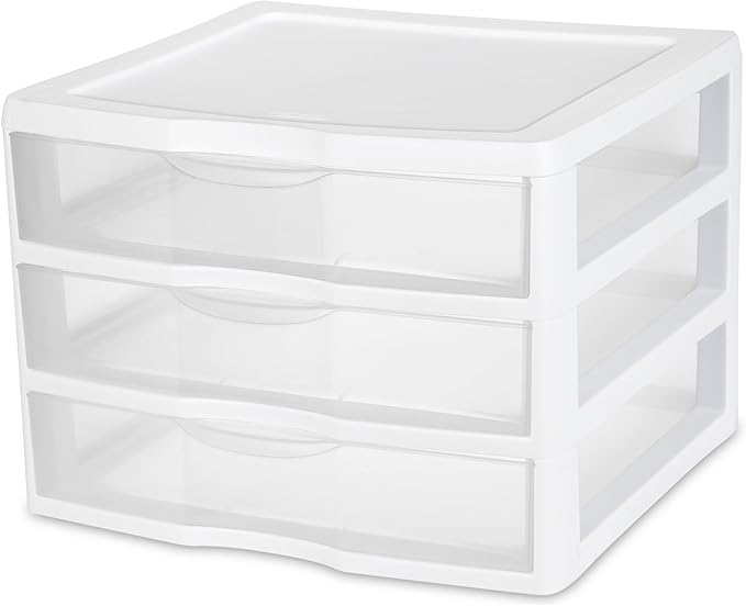 Wide 3 Drawer Unit, Clear Plastic Countertop or Desktop Drawers, White