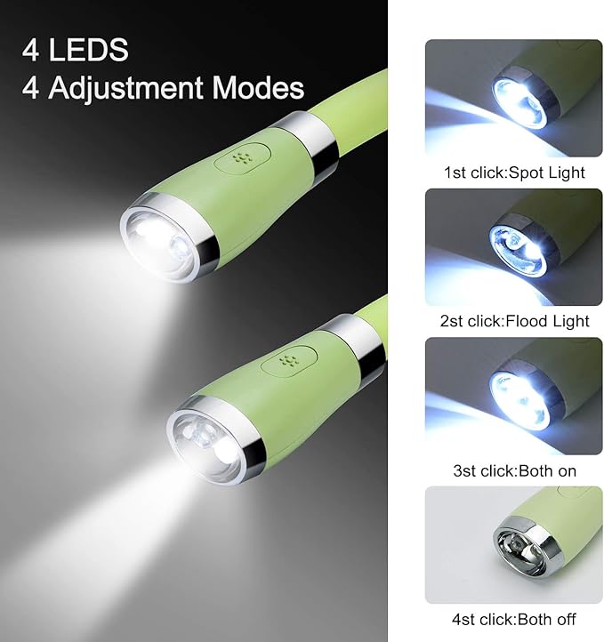 LED Neck Book Light, Reading Light, USB-C Rechargeable, Hands Free, 4 Super Bright LED Bulbs, 3 Adjustable Brightness, Best for Reading in Bed, Knitting, Walking, Jogging, Mending (Green)