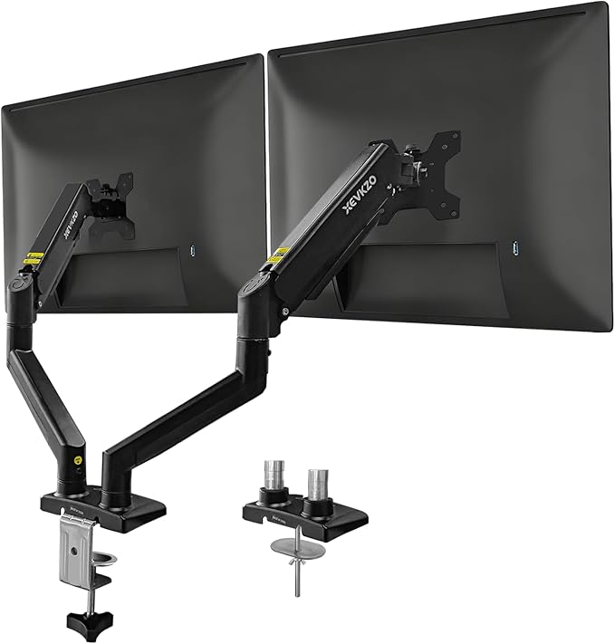 Dual Monitor Arms, Gas Spring Monitor Arms for 2 Monitors up to 34" Curved/Flat, 22lbs per Arm, VESA Mount 75x75 100x100mm, C-Clamp & Grommet Base, Adjustable Tilt/Swivel/Rotation