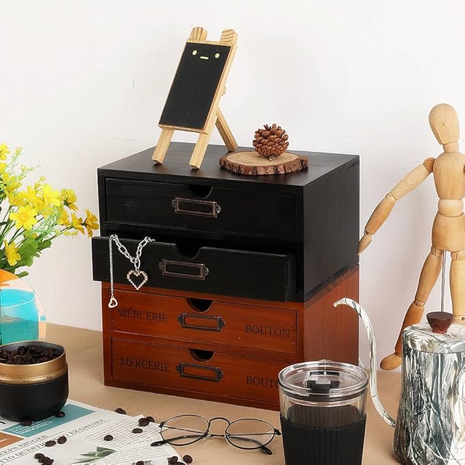 Wooden Storage Box Rustic Desktop Organizer with 2 Drawers Office Desk Accessories Shelf Small Craft Storage Containers Apothecary Cabinet and Chest Jewelry Holder for women(BLACK)