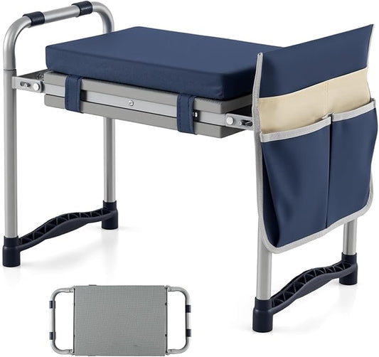 2-in-1 Garden Kneeler and Seat, Folding Garden Seat w/EVA Foam Kneeling Pad & Removable Tools Pouch, Sturdy Steel Frame, No Assembly, Portable Heavy Duty Garden Stool w/Detachable Armrests