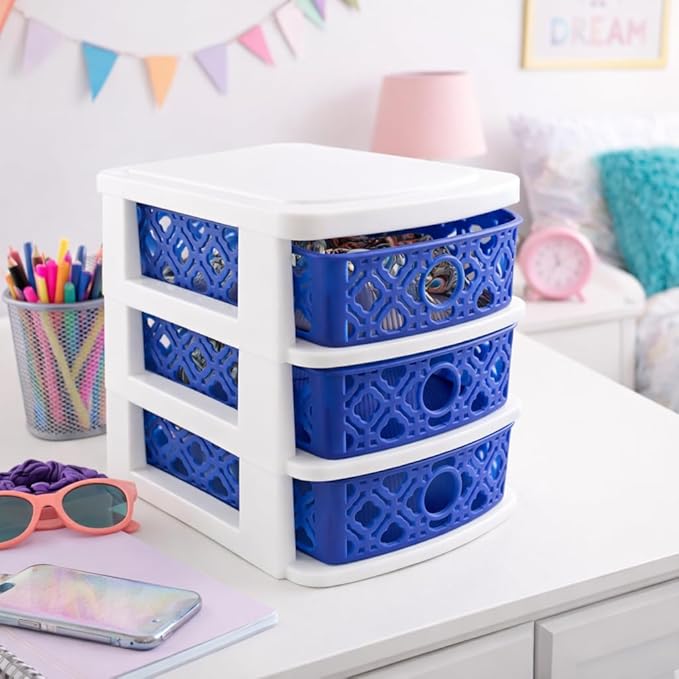 3 Drawer Basket Weave Mini Plastic Organizer Makeup HBA Cosmetics Arts & Crafts Desktop Stationary (Blue)