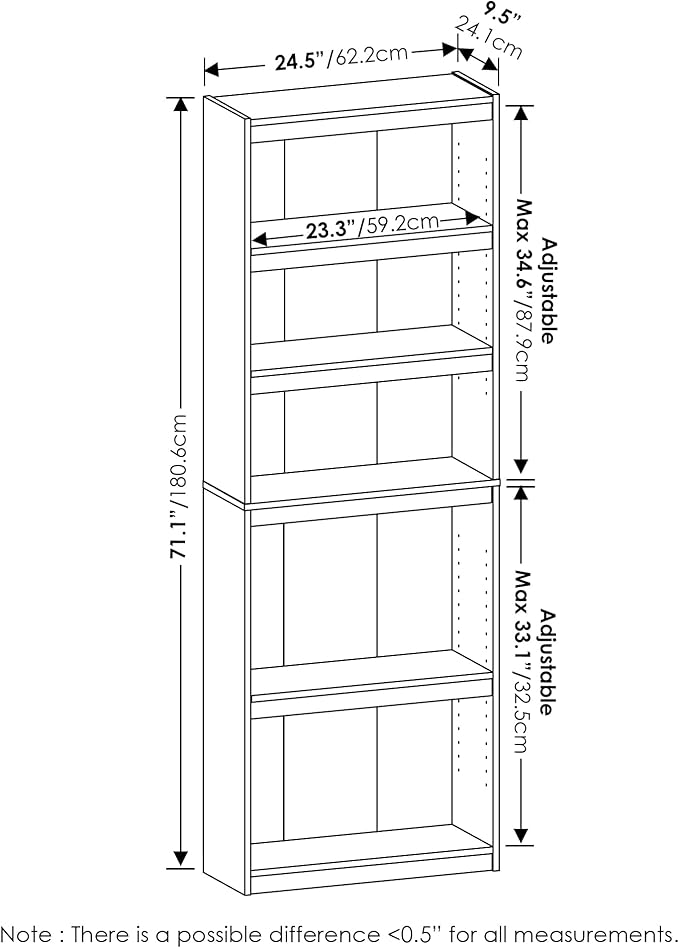 Furinno JAYA Book Shelf, 5-Tier Bookshelf, Enhanced Home Bookcase with Adjustable shelf, 9.5" x 24.5" x 71.1", for Organization and Storage, for Living Room, Bedroom, Home Office, White