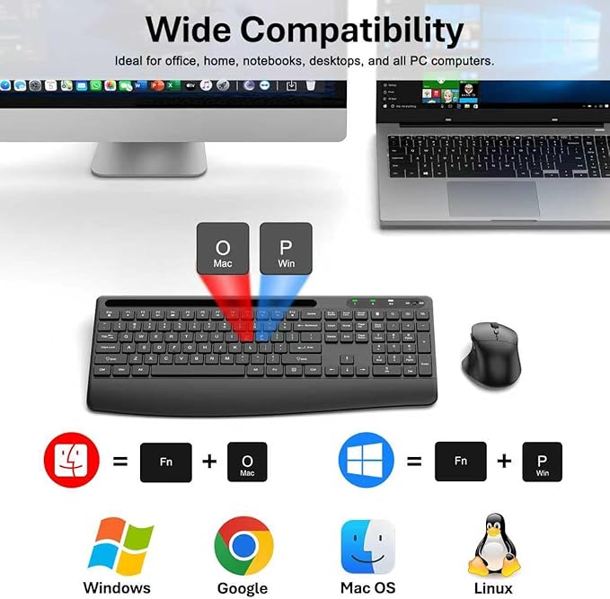 Ergonomic Wireless Keyboard and Mouse Combo, Full-Size Silent Keyboard with Wrist Rest & Phone Holder, 3 DPI Adjustable Mouse, 2.4G Lag-Free Cordless, Long Battery Life for PC Laptop Mac Windows