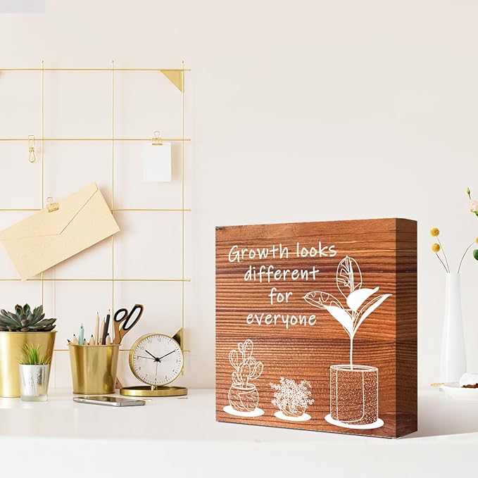 LVQHI Inspirational Wood Block Sign,Growth Looks Different for Everyone Plant Motivational Wooden Block Sign for Home Bedroom Office Desk Table Decor,Inspirational Cheer Up Gift for Coworker Burlywood