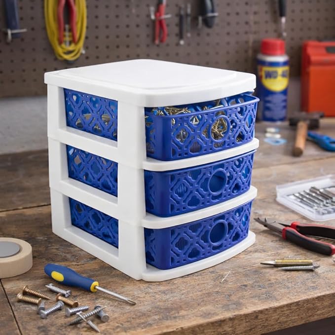 3 Drawer Basket Weave Mini Plastic Organizer Makeup HBA Cosmetics Arts & Crafts Desktop Stationary (Blue)