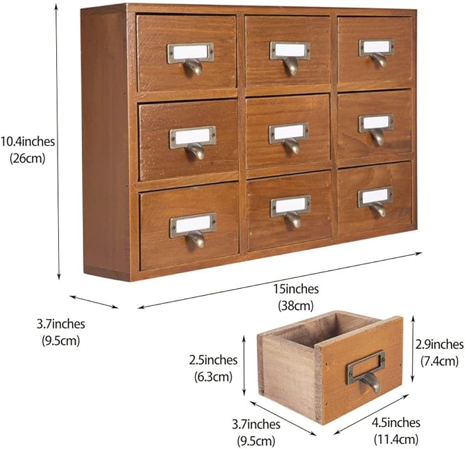 9 Drawers Library Card Catalog Cabinet with Labels Apothecary Cabinet Tabletop Apothecary Chests and Cabinets Herb Storage Box Wooden Desk Drawer Organizer Medicine Vintage Furniture(Brown)